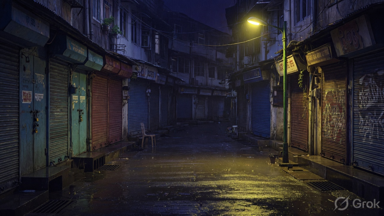 A gully at night where local artists gather.