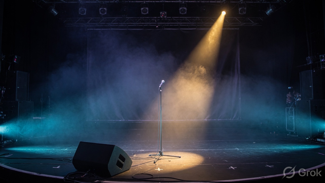 A crowd in front of a lit stage.