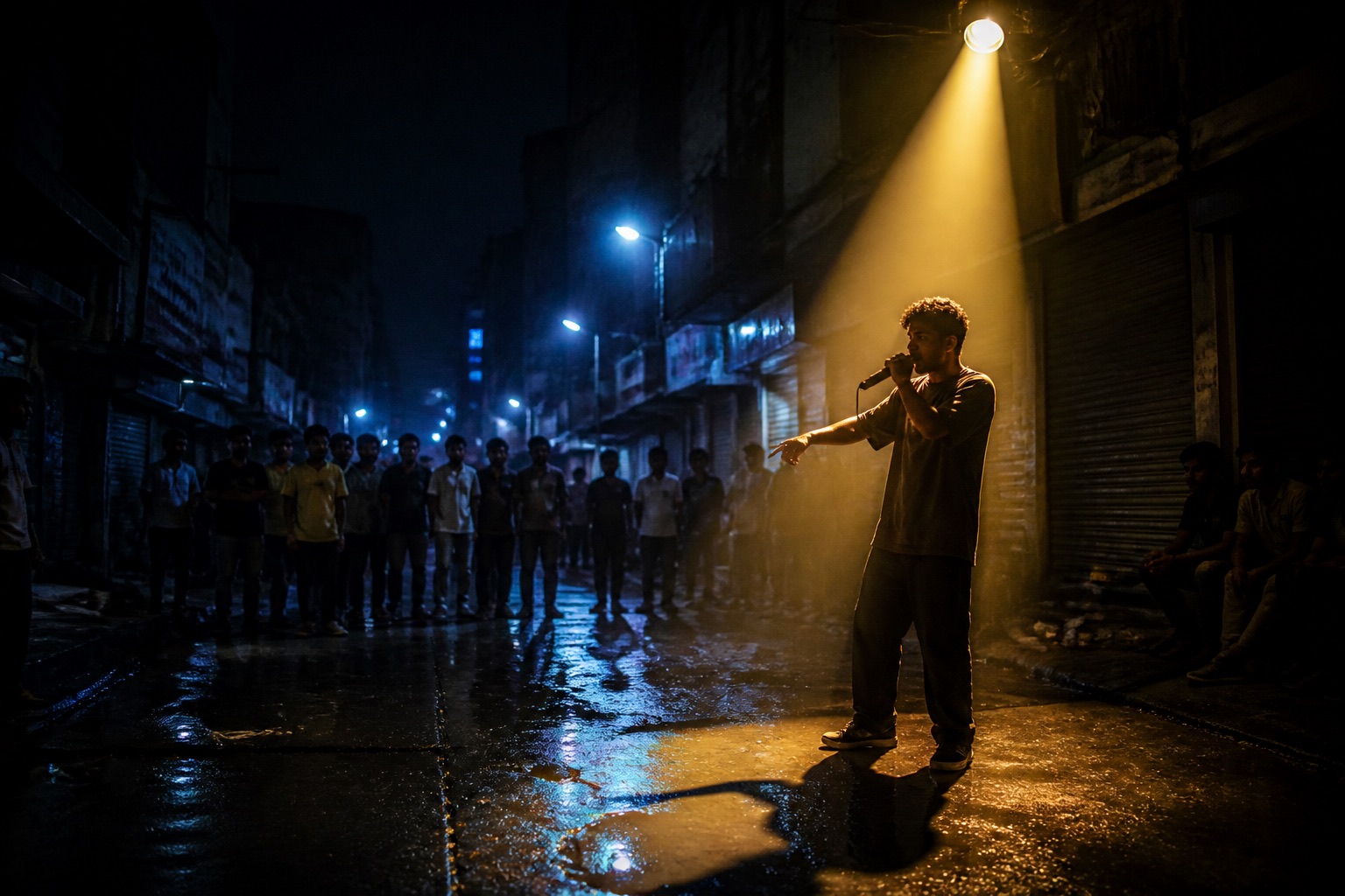 Night street performance under a single spotlight.